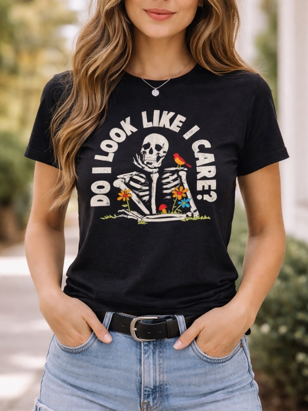 ODM- Unisex Skeleton “Do I Look Like I Care” Black Graphic T-Shirt Size Small